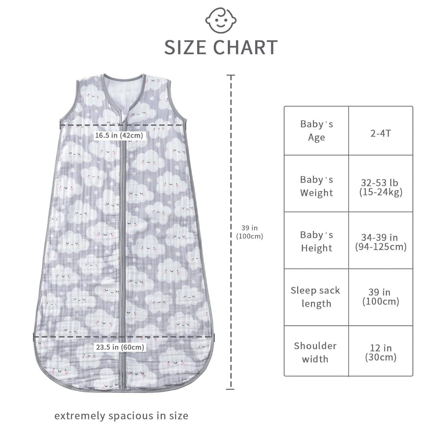 Baby Sleep Sack 2-4 T Baby Wearable Blanket 100% Organic Cotton 0.5 TOG Toddler Sleep Sacks 2- Way Zipper Soft 4 Layers 2T 3T 4T Cloud