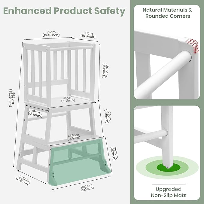 COSYLAND Toddler Kitchen Step Stool Helper - Wooden Standing Tower for Kids with Anti-Tip Support Legs - Mothers' Helper Kids Learning Stool for Kitchen Counter (White)