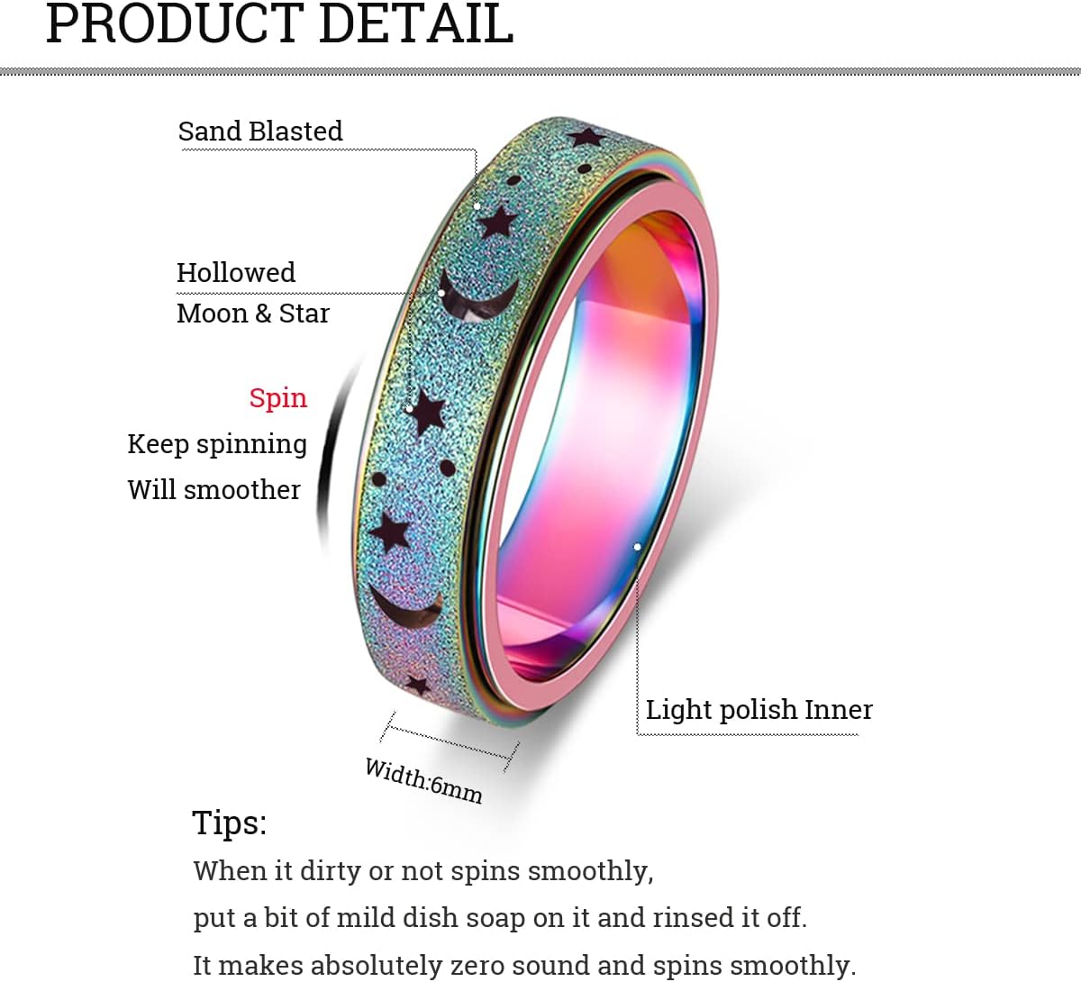 Anxiety Ring for Women Spinner Ring Fidget Ring Stainless Steel Spinner Rings Fidget Toys Adults Fidgit Rings Set Rose Gold Silver Rainbow Size 7