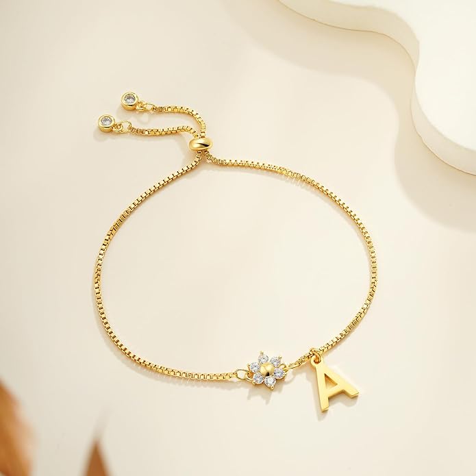 C-leen Gold Initial Bracelets for Women Girls - 18K Gold Plated Flower CZ Initial Bracelet Teen Girl Gifts Trendy Stuff Dainty Gold Bracelets for Women Girls Trendy Jewelry Gifts