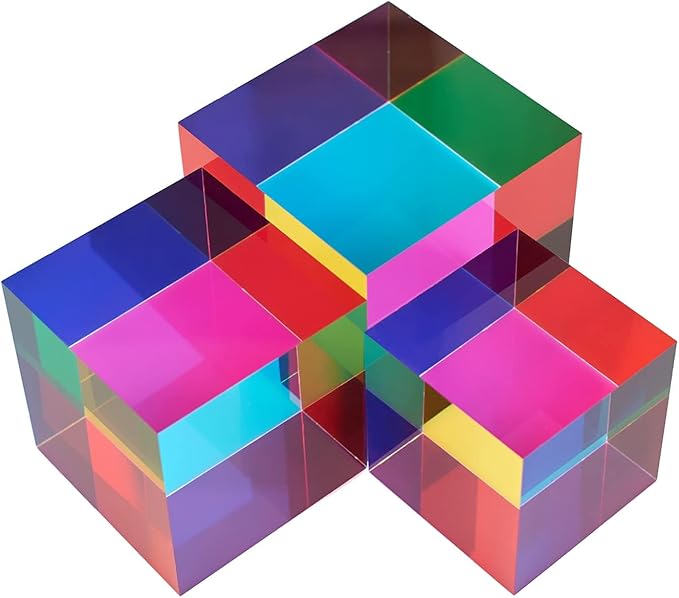 CMY Mixing Color Cube, 80mm (3.15 inch) Acrylic Prism for Home or Office Decoration, CMYcube Physics Toys Science Educational Gift for Kids, 8cm