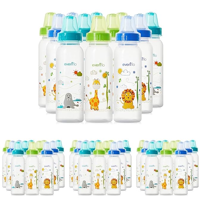 Evenflo Feeding Classic Prints Polypropylene Bottles for Baby, Infant and Newborn - Blue/Green/Teal, 8 Ounce (Pack of 48)