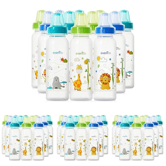 Evenflo Feeding Classic Prints Polypropylene Bottles for Baby, Infant and Newborn - Blue/Green/Teal, 8 Ounce (Pack of 48)