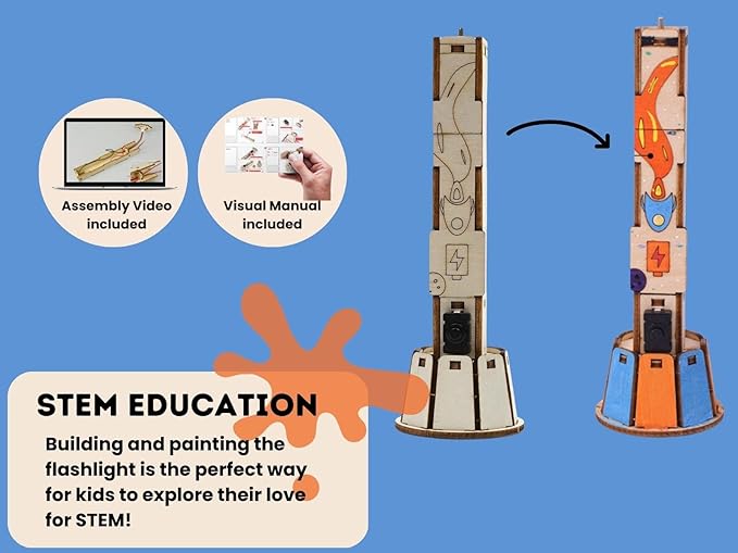 DIY Wooden Flashlight STEM Kit for Kids Aged 8-12 | Battery-Operated Educational Science Experiment Kit with Built-in Switch