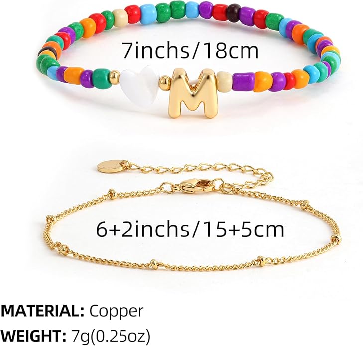 Colorful Initial Bracelets for Women Girls - 14K Gold Plated Heart Initial Letter Daint A-Z Charm Bracelet Summer Jewelry Teen Girl Gifts for Teen Kids