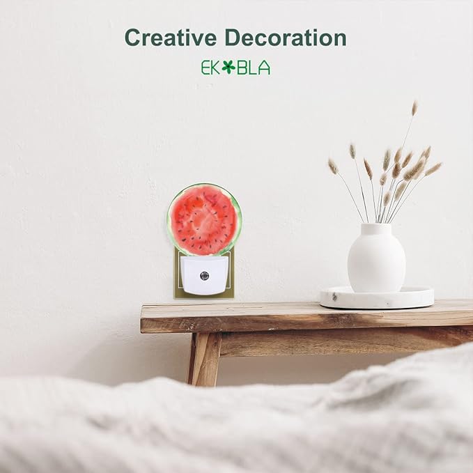 EKOBLA Summer Fruits Design Plug-in Nightlights Watermelon with Black Seeds Red Slice Night Lights Plug into Wall Auto Sensor Led Lamp Funny Nightlight for Men Women Boys Girls