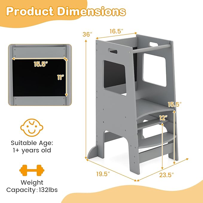 INFANS Toddler Standing Tower, Kids Montessori Kitchen Step Stool Helper with 2 Adjustable Height Learning Blackboard Safety Rail Wooden, Anti-Slip Mats, 1-3 Year Old Boy Girl Gifts (Grey)
