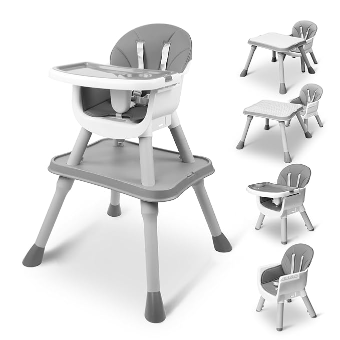 4 in 1 Baby High Chair, Toddler Chair with Removable Tray, Convertible High Chairs for Babies and Toddlers, Kids Learning Table, Building Block Table, Dining Booster Seat with Safety Harness, Gray
