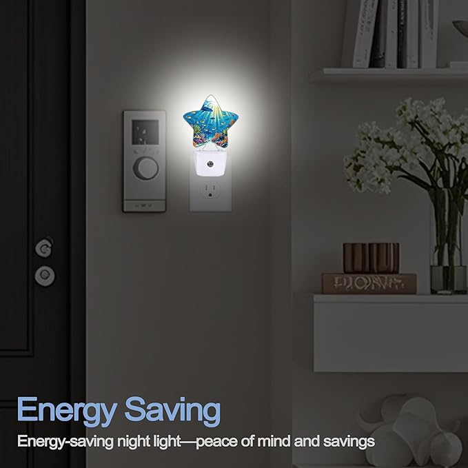 Underwater World Night Light,Sea Ocean Fish Plug-in Star Night Lights with Dusk-to-Dawn Sensor for Bedroom,Bathroom,Living Room Sleep Friendly Lamp for Women Girls Boys Gift,0.5W