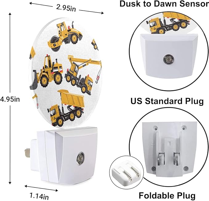 EKOBLA Yellow Cartoon Trucks Night Light Excavator Bulldozer Loader Building Machine Night Lights Plug into Wall for Teen Boys Bathroom Bedroom 0.5W Sleep Friendly