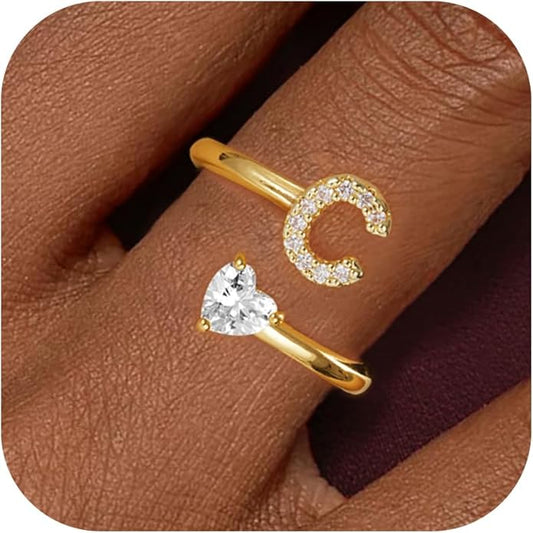 Initial Gold Rings for Girls Women - Dainty 14K Gold Plated Adjustable Letter A-Z Rings Teen Girls Gifts Trendy Stuff Heart CZ Initial Ring Teens Birthday Gift for Girls Non Tarnish