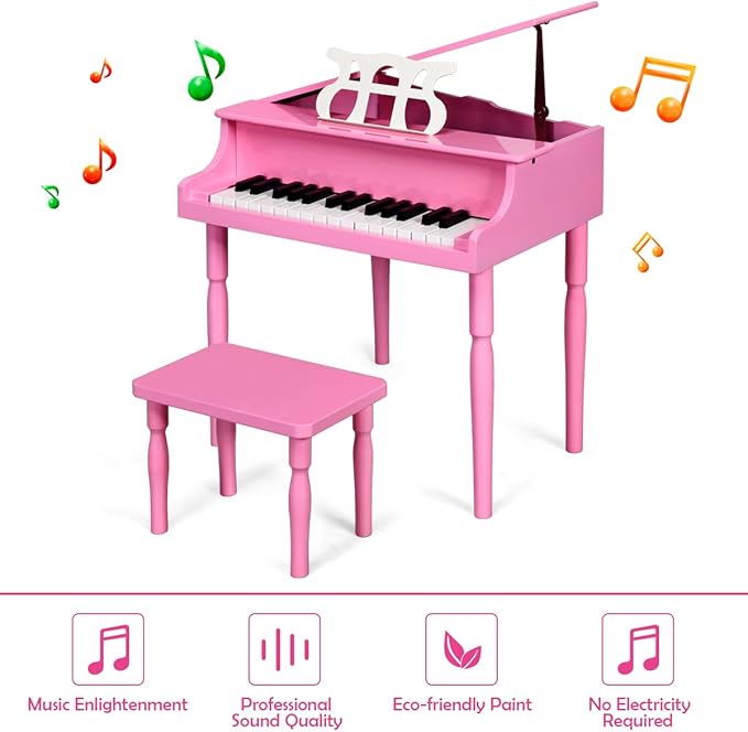 HONEY JOY Classical Kids Piano, 30-Key Mini Grand Piano with Music Stand and Bench, Wooden Musical Instrument Toy w/Lid & Music Rack, Gift for Boys Girls Ages 3+ (Pink)