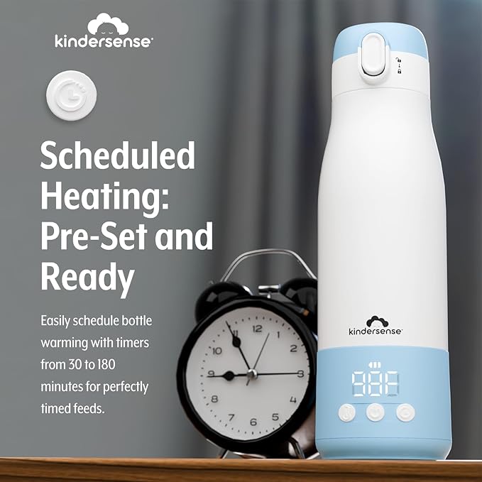 KinderSense® Portable Bottle Warmer for Travel - 12 Fl Oz Large Capacity 55W Power - Breastmilk, Water, Baby Formula- Fast Heating, Leakproof, LED Display + Preset Timer | 18W QC Charger