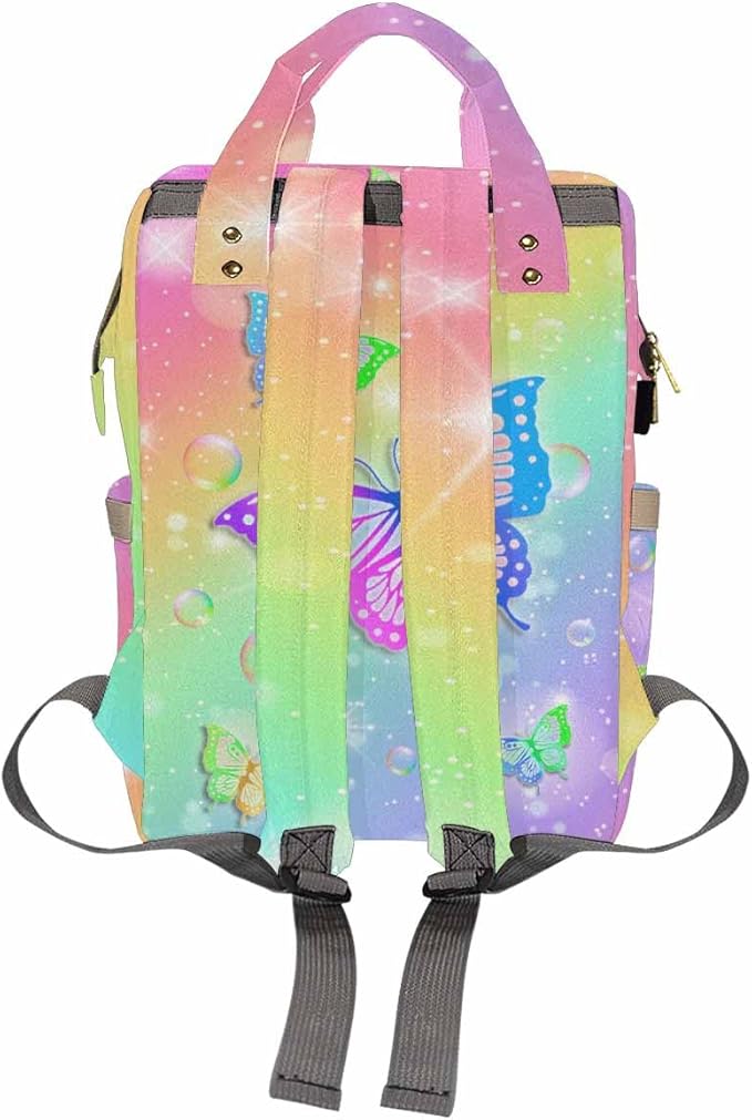 Custom Diaper Bag with Name Birthday Gift Nappy Backpack Personalized Back Pack Customize Name Backpack For Outdoor Shopping Personalized Baby Bag, Rainbow Butterflies