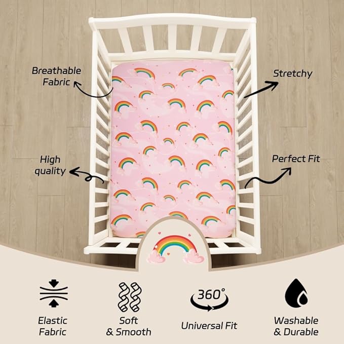 4 Pack Soft Baby Girl N Play Sheets for Mini Crib Mattress Unicron Rainbow Heart Cute Neutral Polyester Unisex Fitted Mini Crib Sheets Set for Baby Girls
