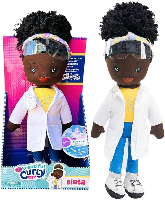 (Binta) Black Plush Doll – 14″ Soft African American Plush Rag Doll for Girls 3+ – Washable, Removable Lab Coat & Goggles – Inspires Confidence, STEM Learning & Representation – Gift Toy for Kids