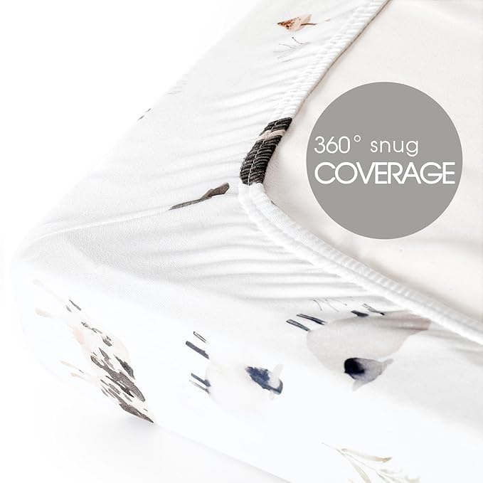 Stretchy Ultra Soft Jersey Knit Pack and Play Sheets Set 3 Pack, Portable/Mini Crib Sheets for Boys and Girls, Universal Fit for Pack N Plays Safe and Snug, Cute Watercolor Cows and Birds Print