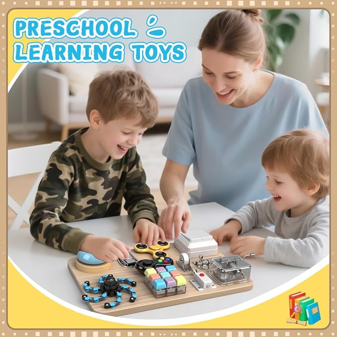 Busy Board for Toddler Kid Early Development, Fidget Sensory Learning Motor Skills Montessori Toy for Age 3 4 5, Busy Pad Fidget Spinner Travel Toy Birthday Gifts Educational Activities for Boy Girl