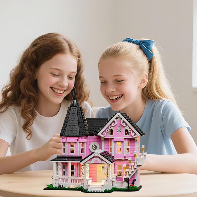 1349PCS Pink Palace House Building Set, Halloween Haunted House Blocks Toy, with Lights Christmas for Teens Girls 12+ ，Halloween House Kit for Kids Adults