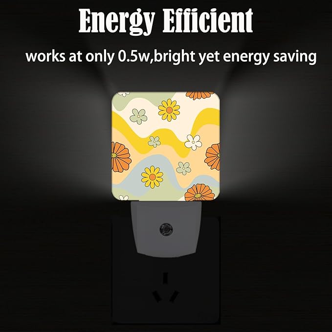 Waves and Floral Night Light,Plug Into Wall for Boys Girls Bedroom Decorative Square Night Light Lamp 0.5w Sleep Friendly