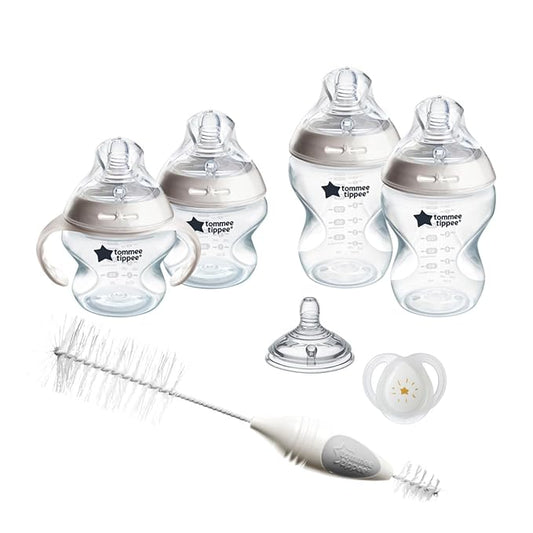 Tommee Tippee Natural Start Baby's First Bottle and Pacifier 8 Piece Set, 2 x 5oz and 2 x 9oz Anti-Colic BPA Free Bottles, 2 Extra Slow and Medium Flow Nipples, 2, 0-6 Month Pacifiers, Clear