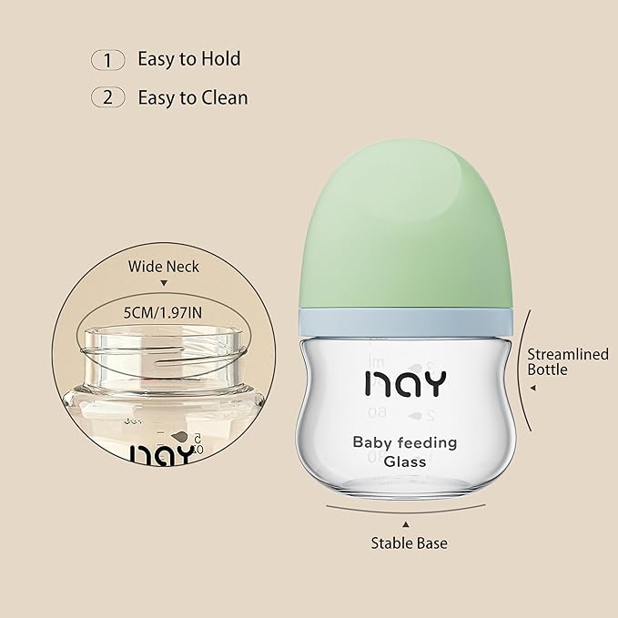 Natural Glass Baby Bottle Wide Neck, Newborn Anti-Colic Baby Bottle, Clear, 3oz(Pack of 4), Includes 4Pcs Slow Flow Nipple(SS), 0 Months+