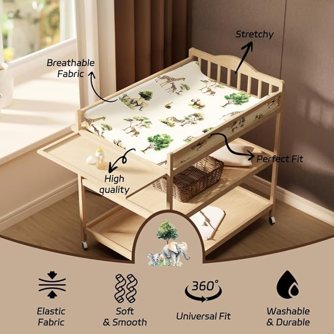 4 Pack Safari Jungle Animals Neutral Unisex Fitted Nursery Baby Sheets Set Toddler Mattress Sheets for Baby Boys or Girls (Changing Pad Cover)