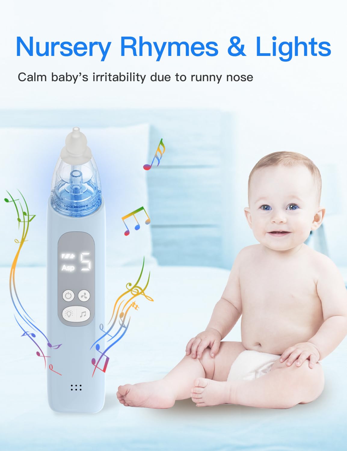 Baby Nasal Aspirator, Electric Nose Sucker with 5 Levels Suction, Soothing Light & Nursery Rhymes