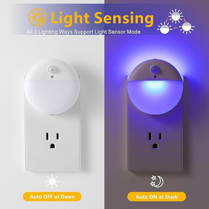 2 Pack Plug in Night Light with Motion Sensor and Dusk to Dawn Sensor, Stepless Dimming, Blue LED Nightlight with 3 Lighting Ways for Bathroom, Bedroom, for Girls, Boys, Adults