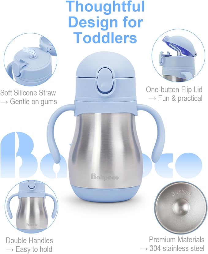 Stainless Steel Straw Sippy Cup for Toddlers 1-3 Years Old, Insulated Toddler Water Bottle Baby Training Tumbler with Handles, 8oz Kids Straw Cups for Travel, Daycare & At Home, Blue