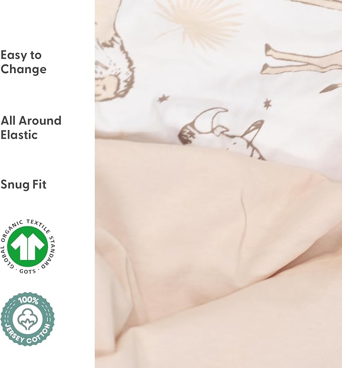 The Peanutshell Baby Organic Bassinet Sheets 4-Pack Boy or Girl - Ultra Soft & Rectangle Baby Sheet, 100% Jersey Cotton, Fitted Covers for Crib, Halo Bassinet Mattress - Caramel Safari