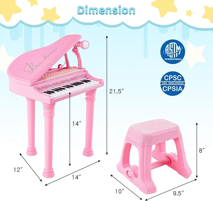 Costzon Kids Piano, 31 Key Mini Grand Piano Toy Keyboard with Microphone, Stool & Lights, Portable Electronic Piano Educational Musical Instrument Toy, Birthday Gift for Toddler Boys Girls (Pink)