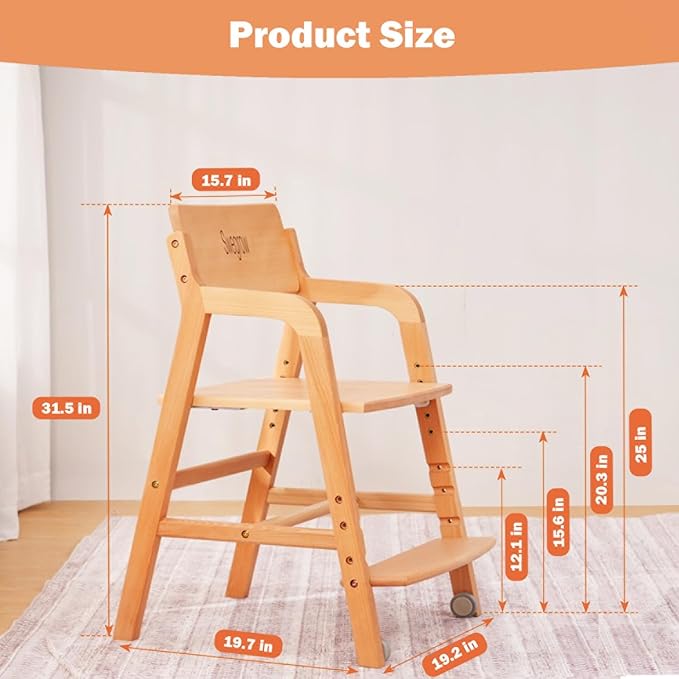 Swegrow Wooden High Chair with 2 Wheels, Adjustable Seat - Backrest - Footrest Heights, Wooden High Chair for Toddlers - Kids and Baby, Kids Dining Chair with Removable Cushion(Gray)