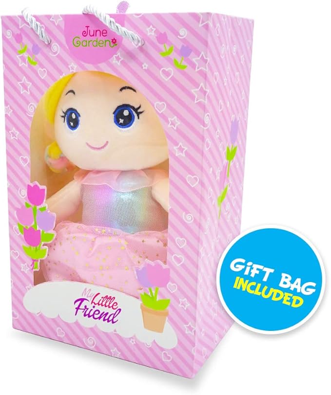 June Garden 14" Soft Baby Doll Vera - Stuffed Cuddly Princess Plush Gifts for Girls - Pink with Gift Bag