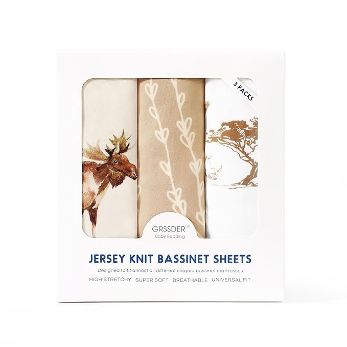 GRSSDER Stretchy Ultra Soft Fitted Bassinet Sheets 3 Pack, Universal Fit for Baby Cradle Moses Basket Oval Rectangle Mattress Safe and Snug, Free Animals Stylish Print