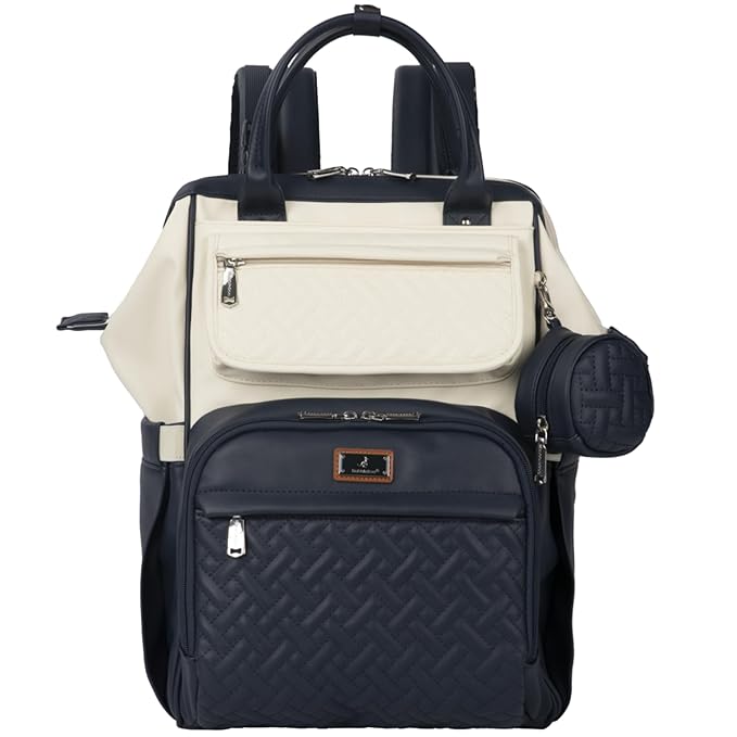 BabbleRoo Leather Diaper Bag Backpack, Multifunction Large Bags with Changing Pad & Stroller Straps Pacifier Case, Unisex Stylish Travel Back Pack Nappy for Moms Dads (Blueberry Cream)