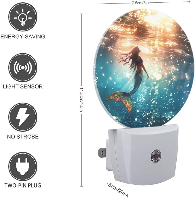 Round LED Night Lights Lamp with Dusk to Dawn Sensor, Beautiful Mermaid Swimming in The Deep Sea Night Light Plug Into Wall for Kids Room, Bedroom, Bathroom, Kitchen, Hallway