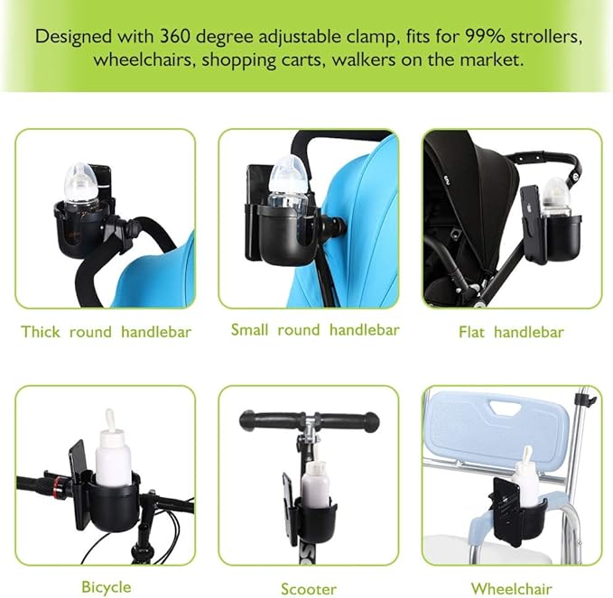 Accmor Stroller Cup Holder with Phone Holder, Bike Cup Holder, Universal Cup Holder for Uppababy Nuna Doona Strollers, 2-in-1 Cup Phone Holder for Stroller, Bike, Wheelchair, Walker, Scooter