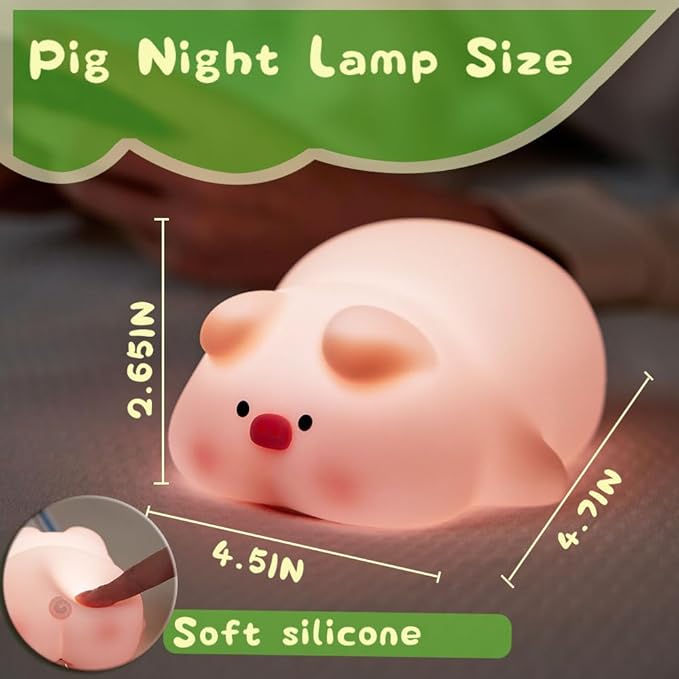 Cute Pig Lamp, Fun Lying Flat Pig Night Light, LED Squishy Animal Novelty Lamp, Light up Duck for Kids Great Gift, 3 Level Dimmable Nursery Nightlight Rechargeable Bedside Touch Lamp (Pig Lamp)