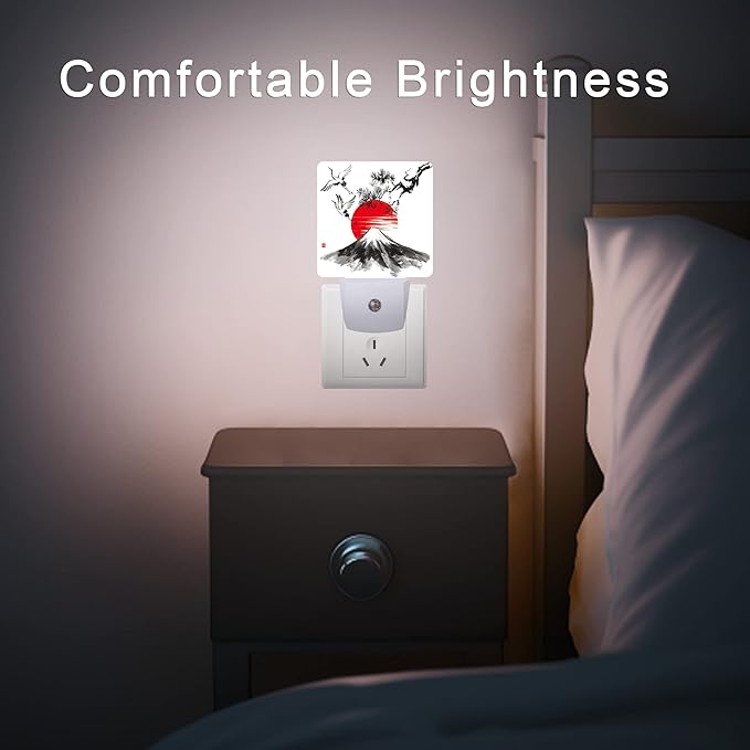 Mountain Fuji Night Light,Sun and Storks Japanese Landscape Night Lights Plug into Wall Led Night for Boys Girls Gifts, Dusk to Dawn Sensor Nightlight 0.5W Sleep Friendly