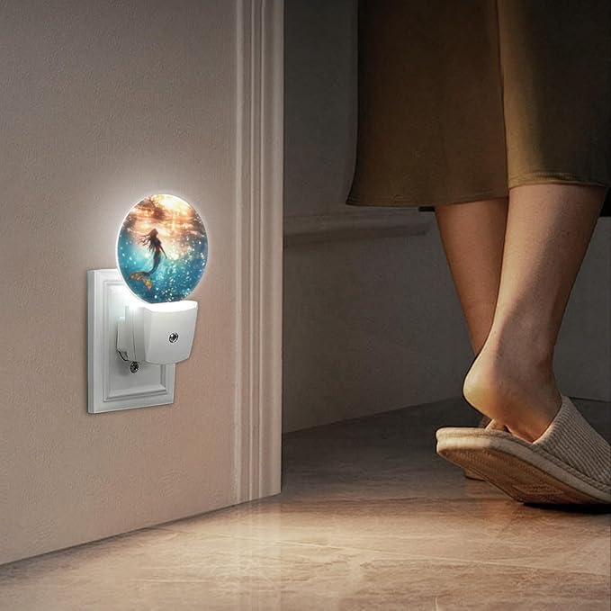 Round LED Night Lights Lamp with Dusk to Dawn Sensor, Beautiful Mermaid Swimming in The Deep Sea Night Light Plug Into Wall for Kids Room, Bedroom, Bathroom, Kitchen, Hallway