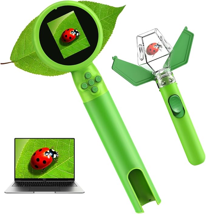 Kids Microscope with Bug Catcher Kit, 1080P Digital Mini Handheld Microscope STEM Science Toy with LED Light, Rechargeable, Portable, Supports 64GB TF Card, Educational Gift for Kids Ages 3-12 (Green)