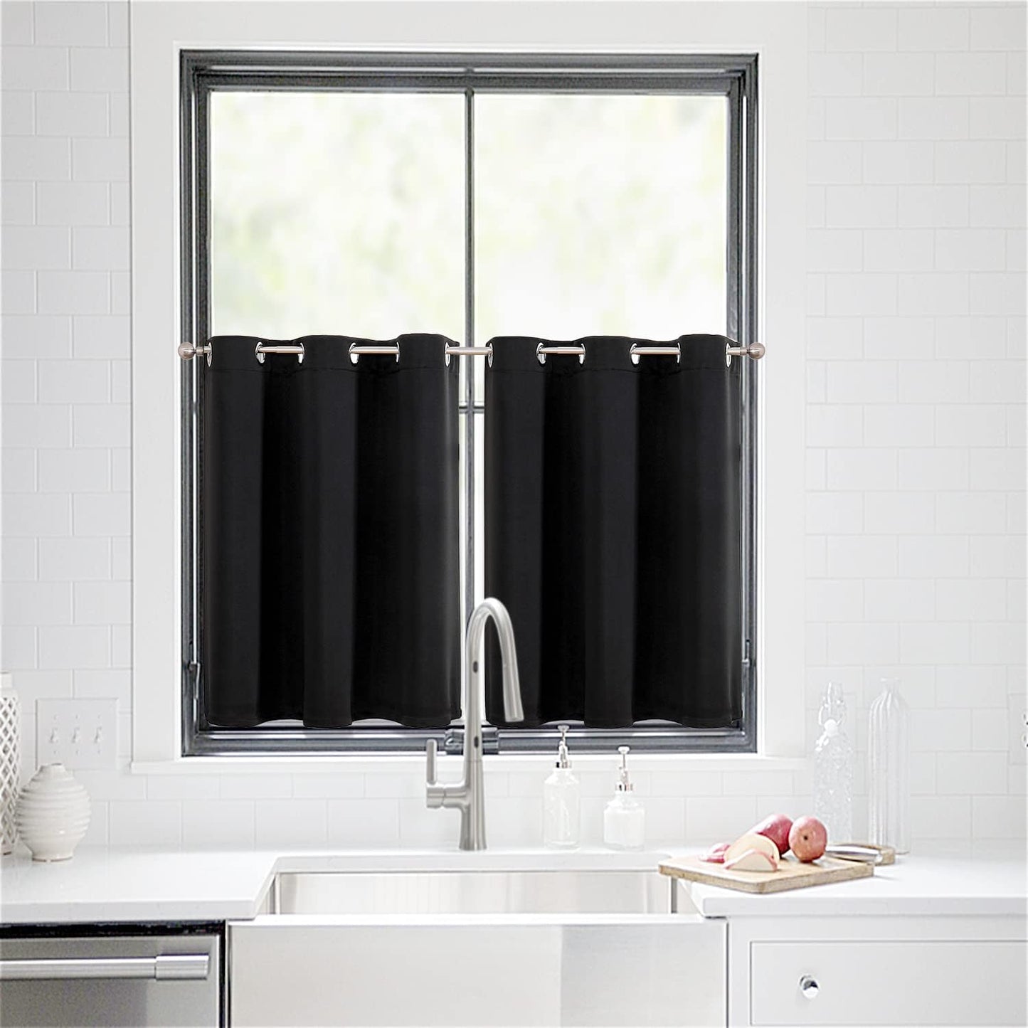 ChrisDowa Small Window Curtains for Kitchen and Bedroom - Grommet Short Thermal Insulated Room Darkening Curtains (2 Panels, Black, 34 x 36 Inch)