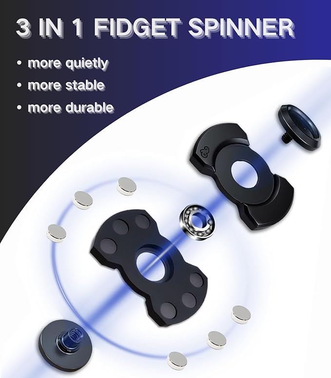 3-in-1 Alloy Fidget Toys Adults - Fidget Spinner,Clicker,Slider Modes,Ultra-Silent,High-Speed Rotation,3-Minute Spin Time,Compact Stress Relief Toy for Adult(Black)