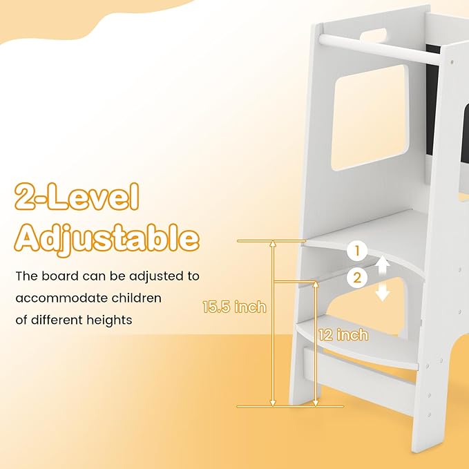 INFANS Toddler Standing Tower, Kids Montessori Kitchen Step Stool Helper with 2 Adjustable Height Learning Blackboard Safety Rail Wooden, Anti-Slip Mats, 1-3 Year Old Boy Girl Gifts (White)