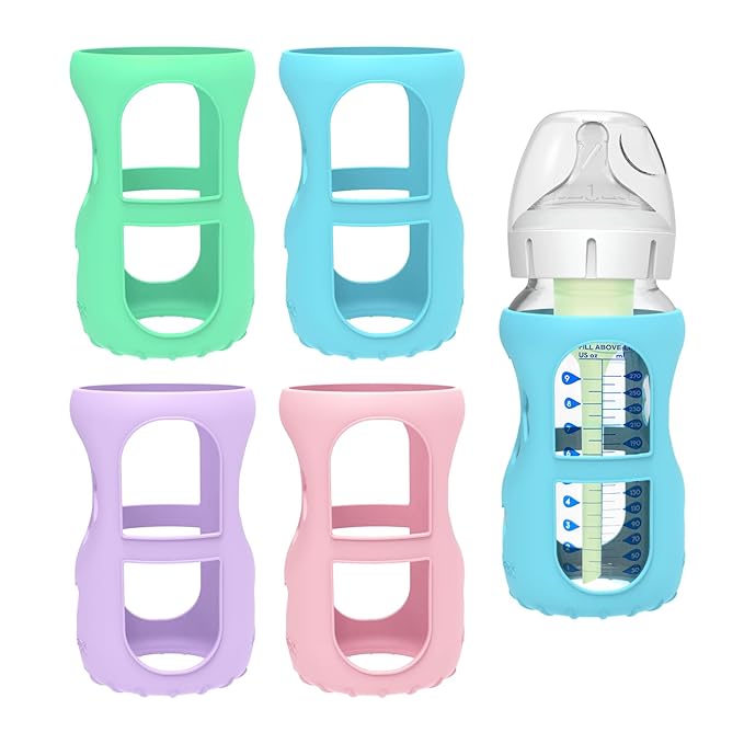 MORLIKE 4 Pack Silicone Sleeves Fit for 9 oz/270 mL Dr. Brown's Wide Neck Glass Baby Bottle, 100% Silicone Covers Protect Baby Glass Bottle, Easy to Grip Bottle Holders for ‎WB93703-WEB ‎WB91700-P4