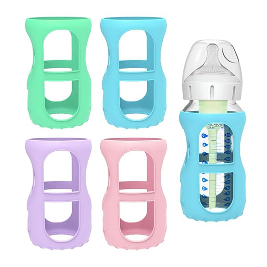 MORLIKE 4 Pack Silicone Sleeves Fit for 9 oz/270 mL Dr. Brown's Wide Neck Glass Baby Bottle, 100% Silicone Covers Protect Baby Glass Bottle, Easy to Grip Bottle Holders for ‎WB93703-WEB ‎WB91700-P4
