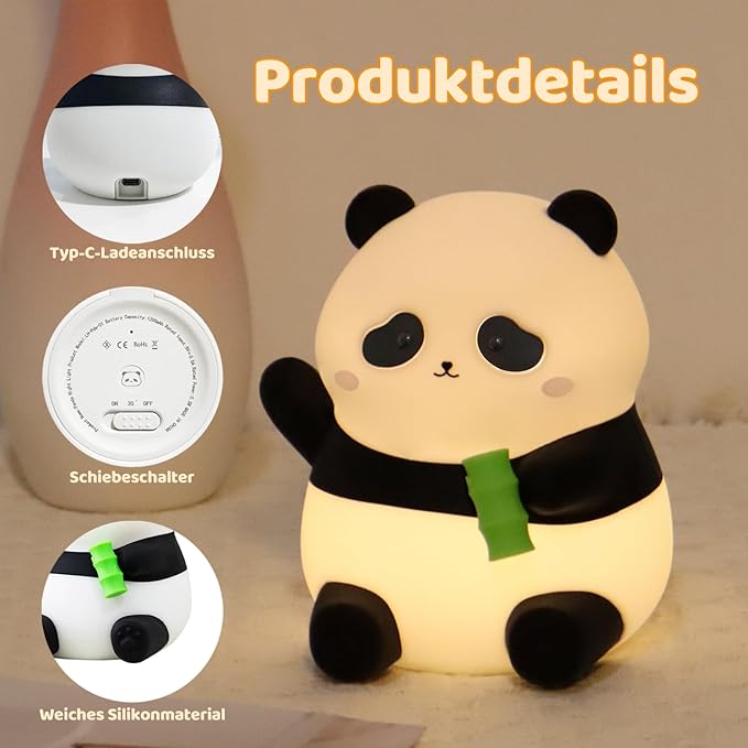 Cute Panda Silicone Night Light, LED Squishy Lamp with 12H/50H Long Battery Life, 2 Levels Brightness by Tap Control, Rechargeable Soft Light for, Kids Bedroom Decor & Gifts for Boys Girls