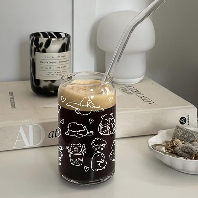 Cute Capybara Stuff - Glass Cup with Lid and Straw, Capybara Gifts for Women Girls, Funny Birthday Decoraions, Iced Coffee Cup Smoothie, 16 oz