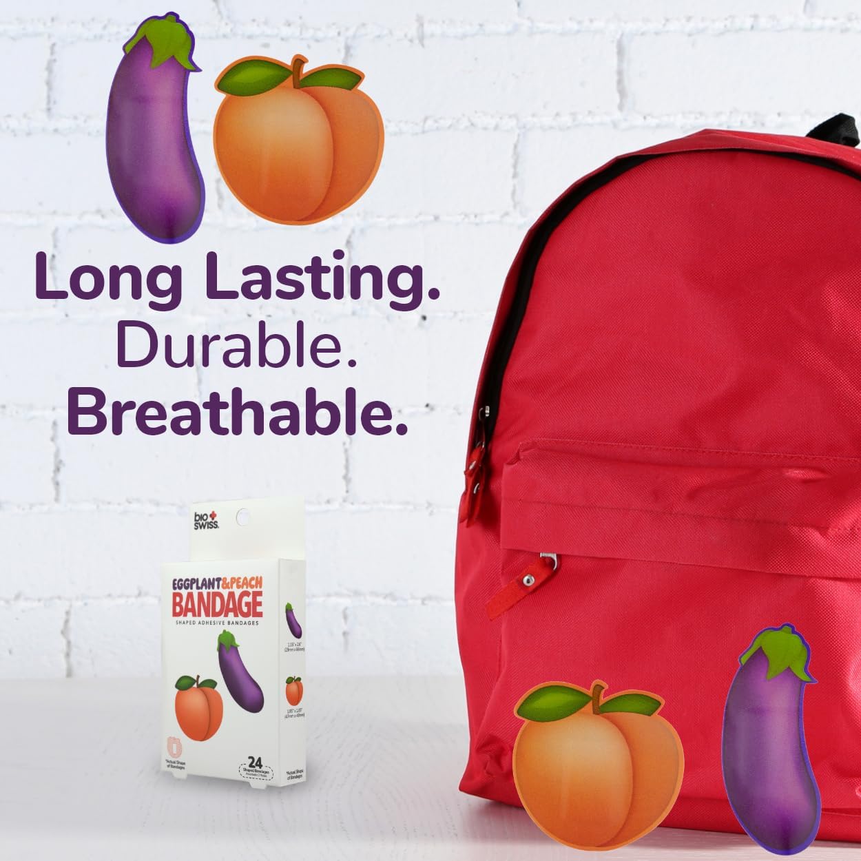 BioSwiss Bandages, Eggplant and Peach Shaped Adult Self Adhesive Bandage, Latex Free Sterile Wound Care, Funny First Aid Kit Supplies for Adults, 24 Count